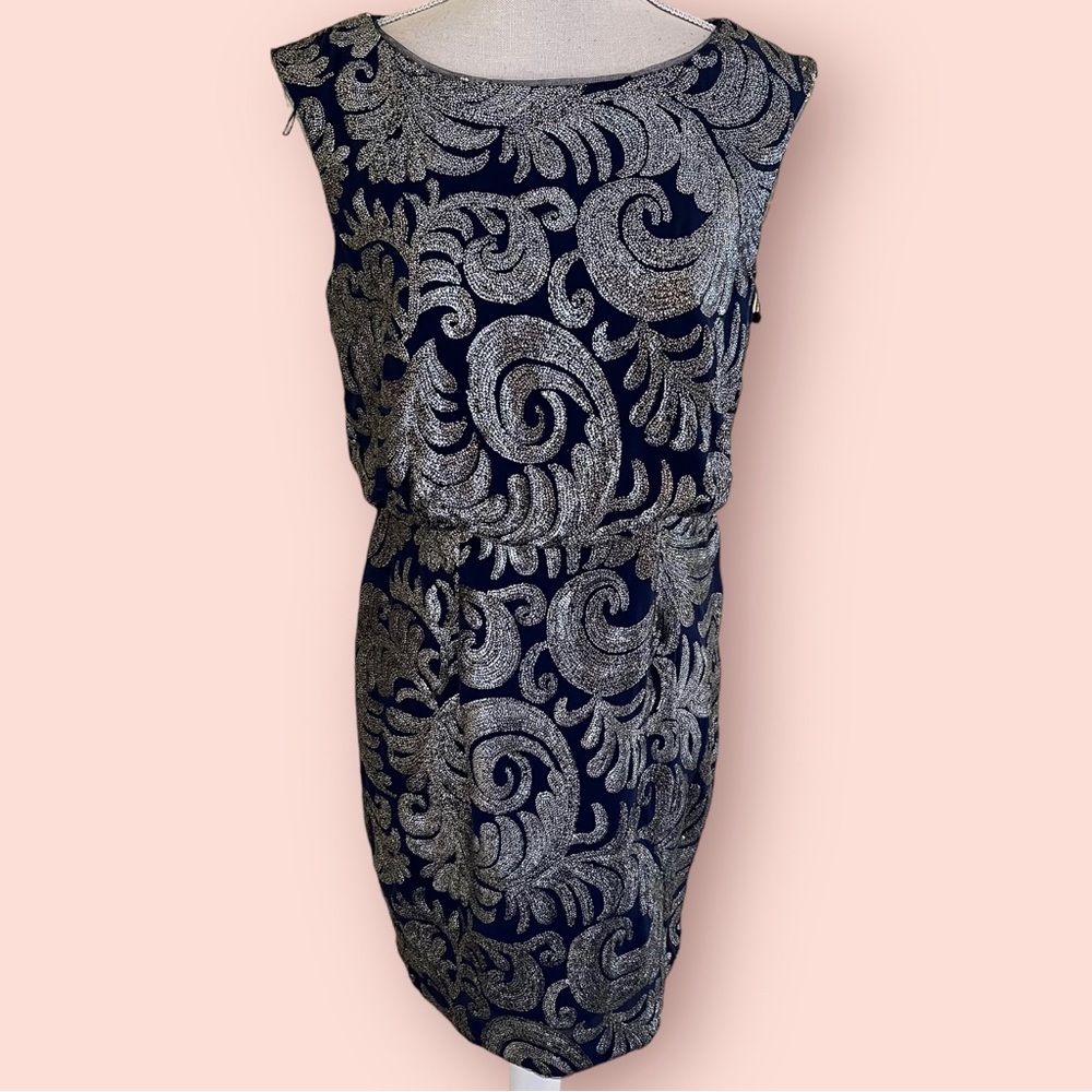 Adrianna Papell Navy Blue with All-Over Gunmetal Beading Envelope Back Dress